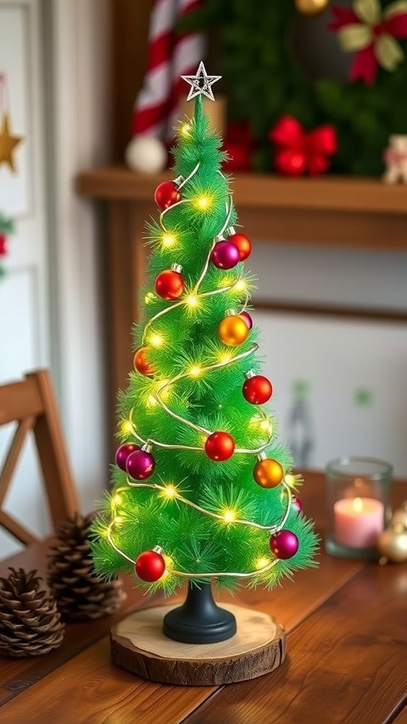 A fuzzy wire Christmas tree decorated with ornaments and lights on a wooden table.